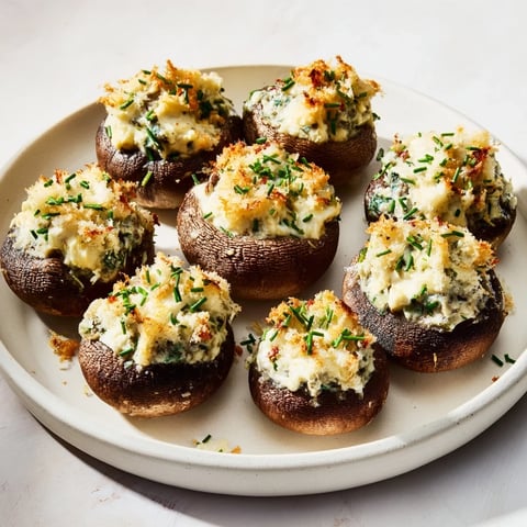 Stuffed mushroom caps arranged beautifully in a ring, golden brown and ready to eat.