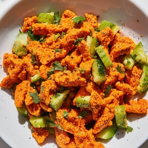 Vibrant Flamin Hot Cheeto Salad featuring crushed spicy chips mixed with diced cucumber and fresh cilantro in a white bowl.