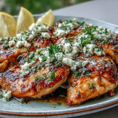 Juicy Greek Chicken with Lemon and Feta arranged on a white plate, garnished with fresh parsley and lemon wedges for a zesty serving suggestion.
