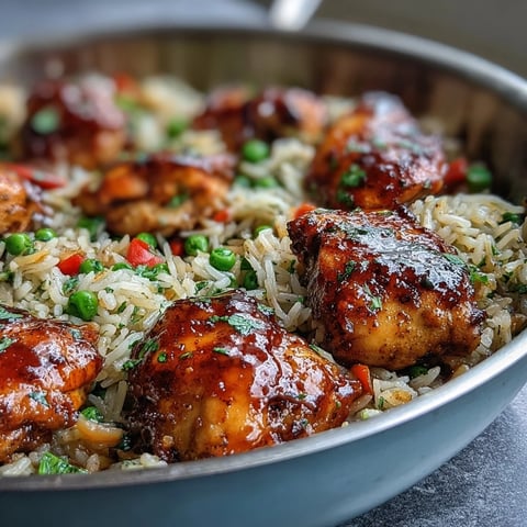 One-Pan Bold Honey BBQ Chicken Rice with glazed chicken thighs and fluffy rice in a skillet.