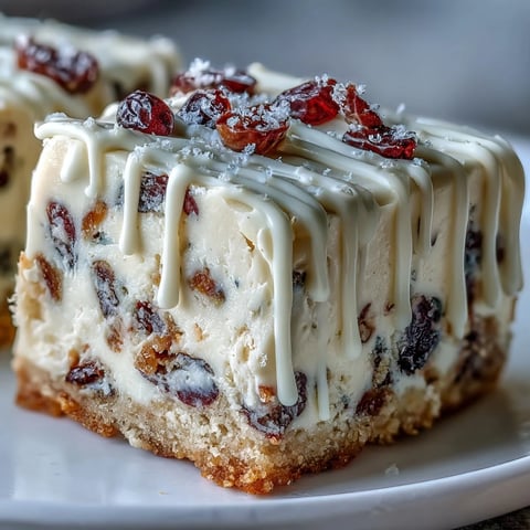 Freshly baked Cranberry Bliss Bars with golden edges, showing white chocolate chips and chewy cranberries on a wooden board.