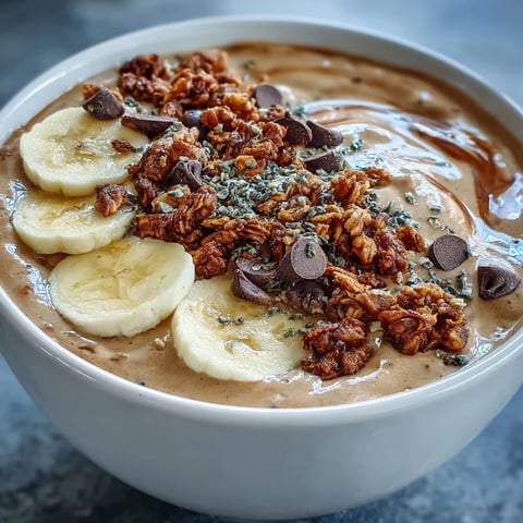 Thick and creamy Chunky Monkey smoothie bowls topped with sliced bananas, crunchy granola, and hemp seeds for breakfast.