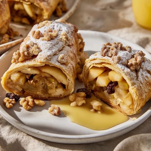 A delicious slice of Apple Strudel, showing off the perfectly baked, crispy topping and filling.