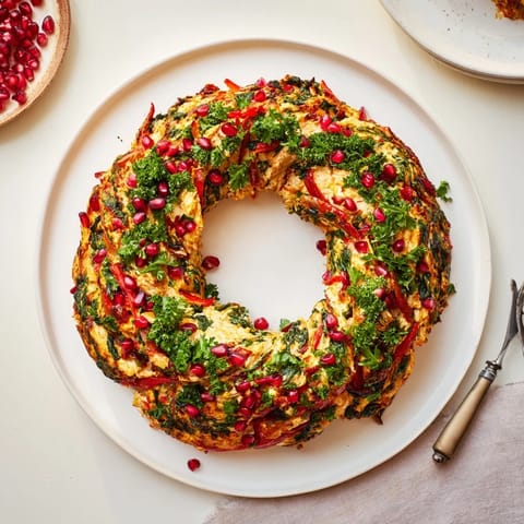 Vivid image of a homemade Red Pepper and Spinach Dip Wreath garnished with fresh parsley and seeds.