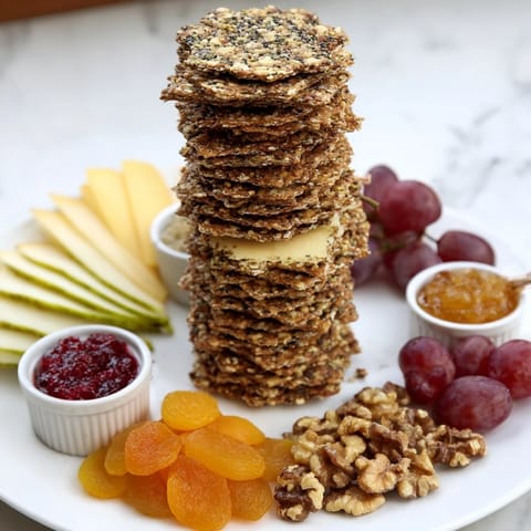 A beautiful tower of gourmet crackers, ready to be enjoyed with fig jam and other delicious toppings.