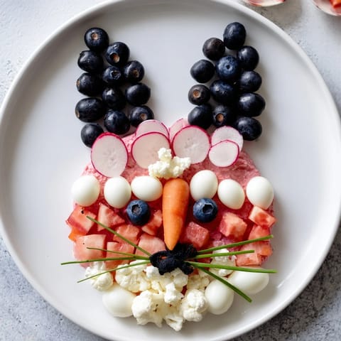 Adorable Bunny Silhouette platter showcases fresh strawberries, mozzarella, and a carrot nose for a charming treat.