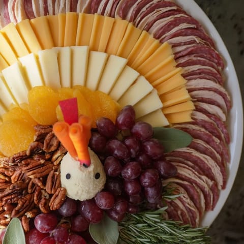 Thanksgiving-ready The Turkey Tail Fan appetizer showcasing artful arrangements of meat, cheese, and fresh garnishes.