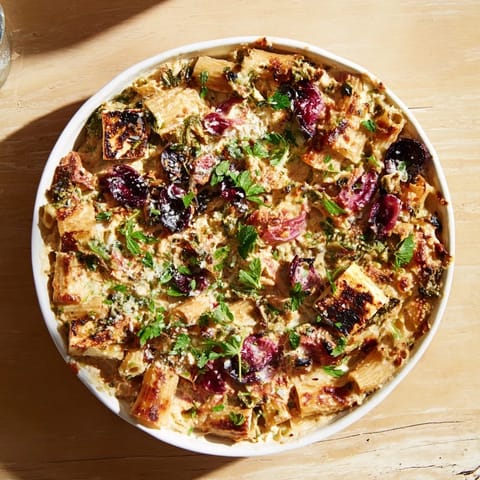 Golden, melted feta cheese baking with tomatoes and cranberries in this delicious Baked Feta Pasta.