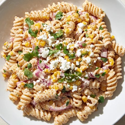 A refreshing bowl of creamy street corn pasta salad, bursting with vibrant flavors, perfect for a summer gathering.