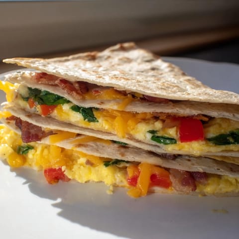 A close-up of a folded Breakfast Quesadilla Hack, showcasing the flavorful fillings inside the tortilla.
