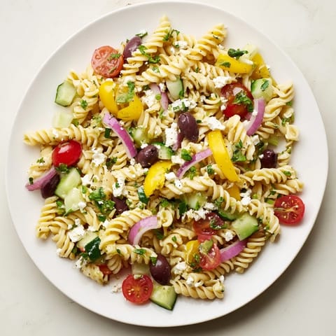 Close-up of creamy Lemon Pasta Salad, featuring feta cheese and bright, juicy cherry tomatoes.