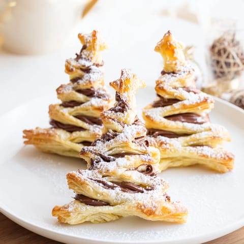 Festive and flaky: Homemade Nutella Pastry Christmas Trees dusted with powdered sugar, a delightful dessert.