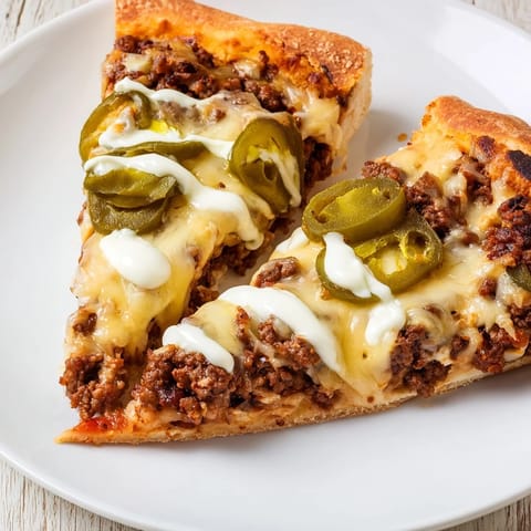 Close-up of a fully-loaded Ground Beef Taco Pizza with sizzling ground beef and fresh toppings.