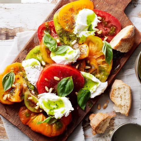 A vibrant vegetarian salad board featuring sliced heirloom tomatoes, torn burrata, and toasted pine nuts, ready to share with crusty bread.  