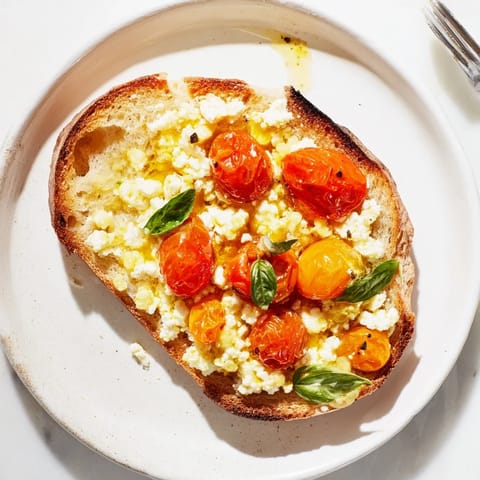 Vibrant Mediterranean Baked Feta Toast, creamy cheese and tomatoes melting together on crunchy toast.  