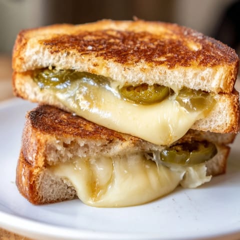 A close-up of a Cheddar Jalapeño Grilled Cheese, showing melted cheese oozing between crispy bread and bright green jalapeño slices.  