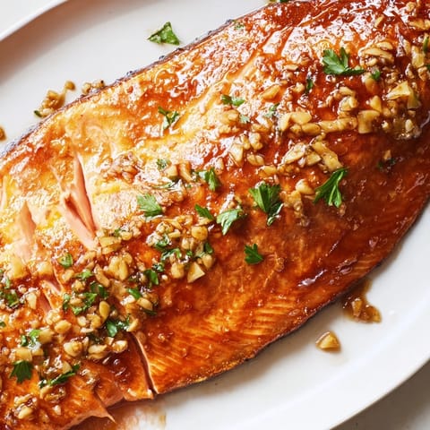 Roasted honey garlic glazed salmon with a sticky sweet glaze, paired with simple roasted vegetables for a complete meal.