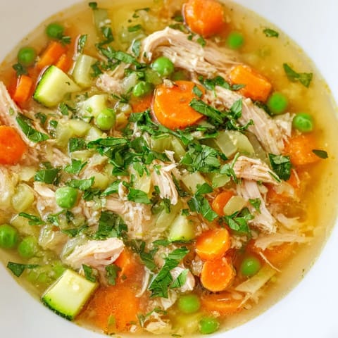 Spring Garden Chicken Soup in a rustic bowl, surrounded by fresh vegetables and a slice of crusty bread on the side.