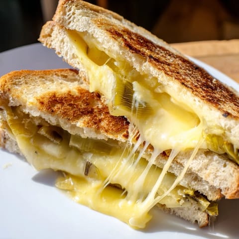 Sliced diagonally to reveal gooey cheese and tender leeks, this Havarti & Caramelized Leek Grilled Cheese is served warm.