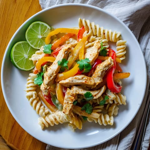 Tender fajita-spiced chicken, sautéed onions, and peppers tossed with penne in a rich, cheesy Tex-Mex sauce.  