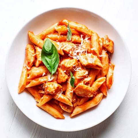 A skillet of homemade Tomato Basil Chicken Pasta, steam rising from the saucy, golden chicken and pasta.