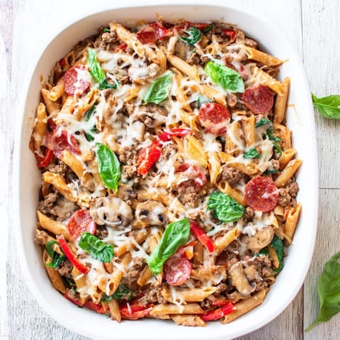 Fresh basil garnish adorns the savory High Protein Italian Beef and Pasta Bake with whole wheat penne and vegetables.