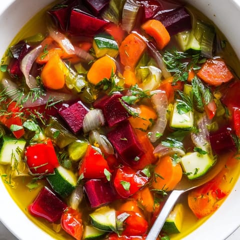 Topped with fresh herbs and a lemon wedge, this easy vegan Rainbow Vegetable Detox Soup shows colorful chunks of tomato and bell pepper in a hearty broth.