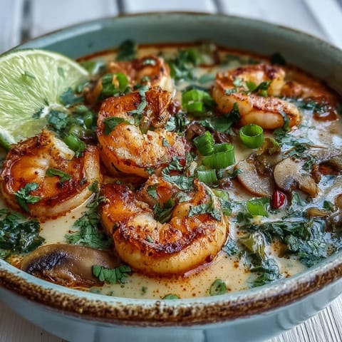 A bowl of Thai Coconut Shrimp Soup garnished with fresh cilantro and lime wedges, steaming beside a spoon.