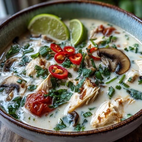 Best Ever Tom Kha Gai Soup simmering in a pot with creamy coconut milk, lemongrass, and tender chicken slices.