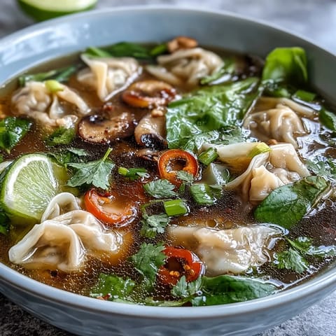 Spicy Tom Yum Wonton Soup served with lime wedges and fresh cilantro garnish on a rustic wooden table, ready to eat.