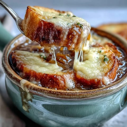 Golden French Onion Soup with deeply caramelized onions in a rich broth, topped with crusty bread and melted Gruyère cheese.