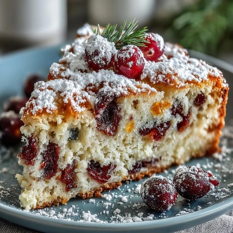 Freshly baked Cranberry Orange Breakfast Cake with golden crust, speckled with orange zest and tart cranberries.