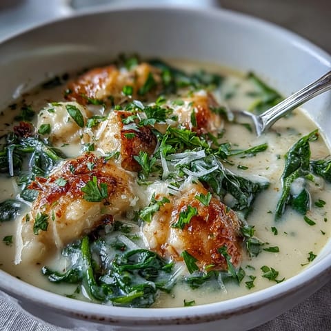 A pot of simmering Garlic Parmesan Chicken Soup with tender chicken pieces and fresh spinach, steam rising from the velvety broth.