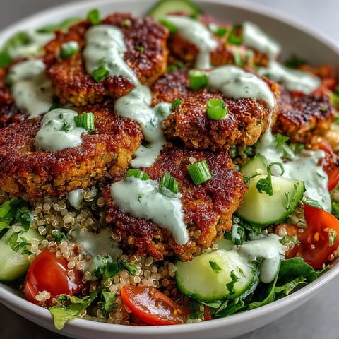 Crisp baked falafel and fluffy quinoa fill this vibrant Falafel Quinoa Salad Bowl, topped with fresh veggies and creamy garlic tahini sauce.