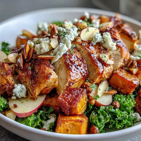 Fall Sweet Potato Harvest Bowl features creamy goat cheese crumbles, toasted almonds, and tangy balsamic vinaigrette drizzled over vibrant autumn ingredients.