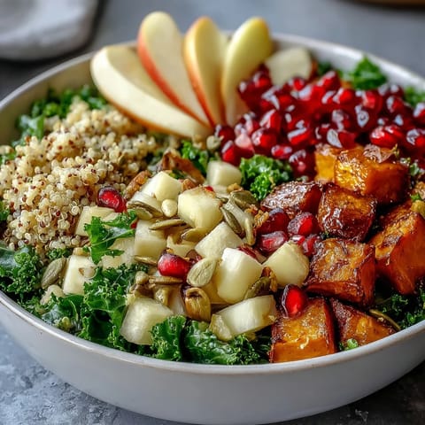 Colorful Kale Harvest Grain Bowl topped with crisp apple, pepitas, and tangy dressing.