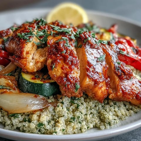 Juicy paprika herb chicken and golden roasted vegetables top a fluffy quinoa bowl, finished with rose harissa and fresh parsley. 