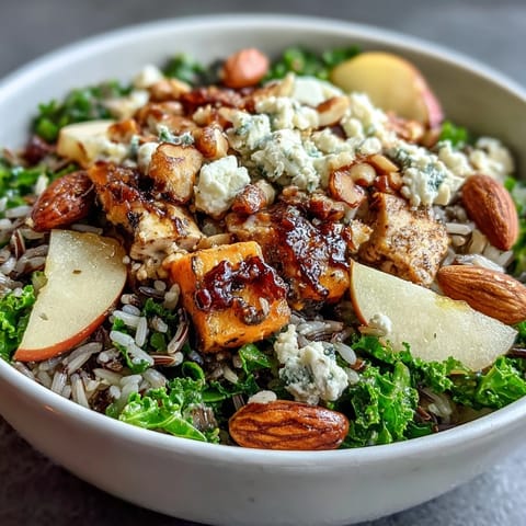 Colorful Harvest Bowl featuring wild rice, diced apples, and tender chicken, drizzled with tangy balsamic dressing.