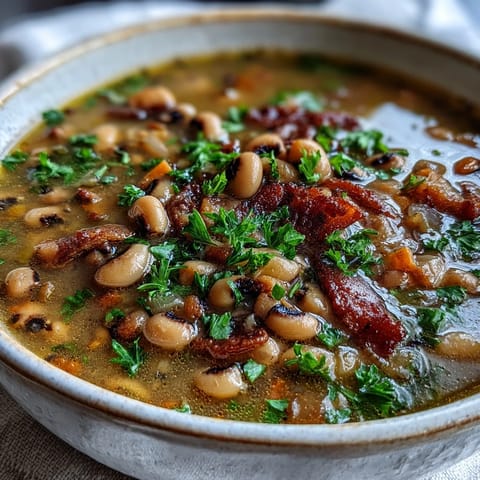 A hearty bowl of Black-Eyed Peas and Bacon Soup featuring tender peas and smoky bacon chunks in a savory broth.