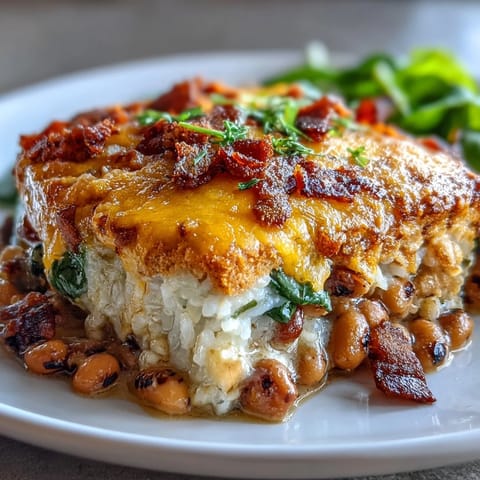 A spoon lifts a savory portion of Tex Mex Black Eyed Pea Casserole, showcasing tender rice, Rotel tomatoes, and beans in a rustic baking dish.