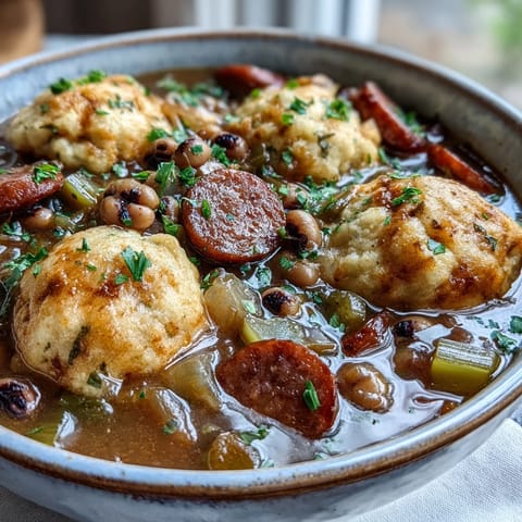 Tender dumplings and savory sausage peek from the flavorful broth in this hearty Black-Eyed Peas and Sausage Dumplings stew. 