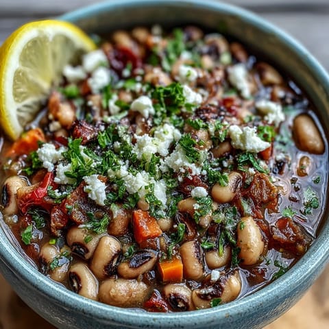 Hearty Greek-Style Slow Cooker Black-Eyed Peas served in a rustic bowl with fresh parsley and lemon wedges.