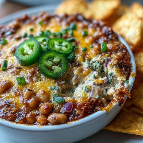 Freshly baked Hot Black-Eyed Pea Dip with Jalapeño and Cumin in a dish, bubbling and golden, with a bowl of tortilla chips ready for dipping.