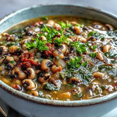 Quick Version frozen black-eyed peas simmered with onion, garlic, and smoked paprika in a savory broth, garnished with fresh parsley.