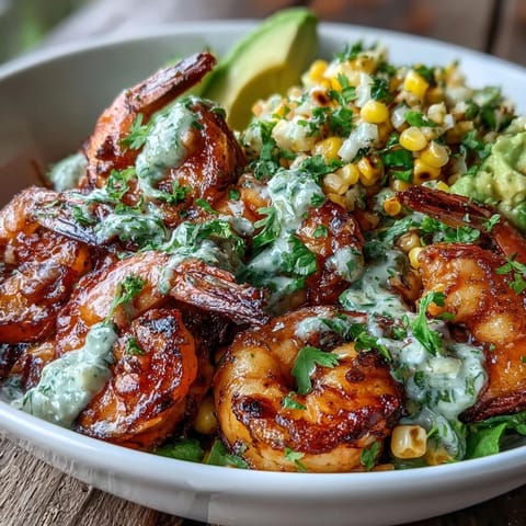 A vibrant grilled shrimp bowl with corn salsa, avocado, and creamy garlic sauce over fluffy rice.