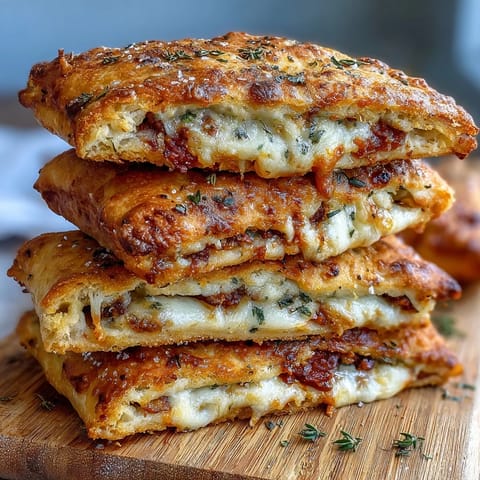 A close-up of a halved High Protein Pizza Hot Pockets reveals a steamy, gooey cheese filling and a soft, golden-brown interior on a marble counter.