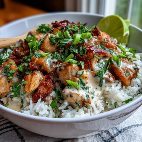 Tender chicken and vibrant green onions top a warm bowl of Coconut Chicken Rice Bowl, with lime wedges on the side for a zesty finish.