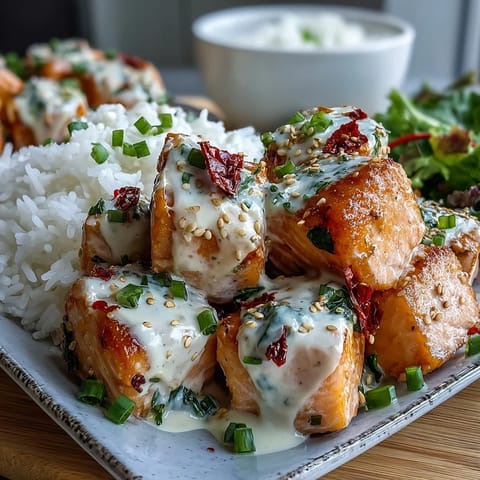 A close-up of crispy, pan-seared Bang Bang Salmon Bites shows the tender pink interior and a drizzle of the signature spicy mayo sauce.