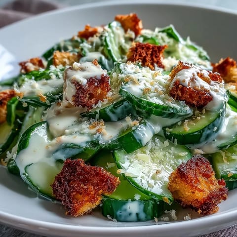 A light, refreshing Cucumber Caesar Salad served in a rustic bowl with optional avocado slices and a sprinkle of black pepper.