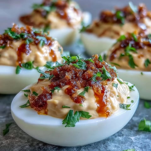 Spicy Chili Garlic Deviled Eggs garnished with fresh cilantro and red pepper flakes, a perfect savory appetizer for parties.
